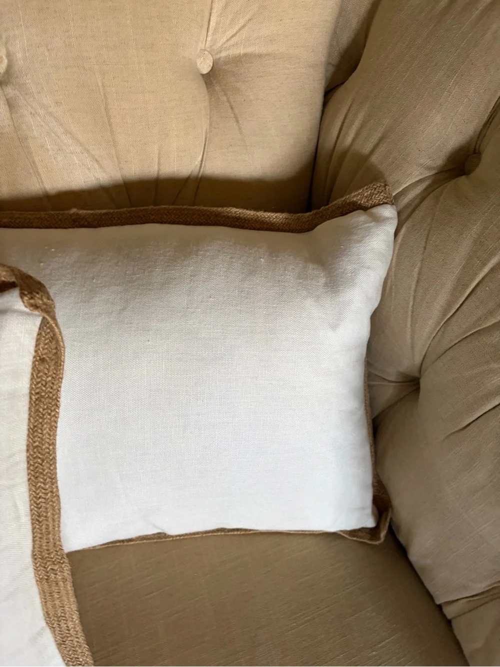 EUC Canaan Company pair of Throw Pillows jute Braid Trim white see pictures